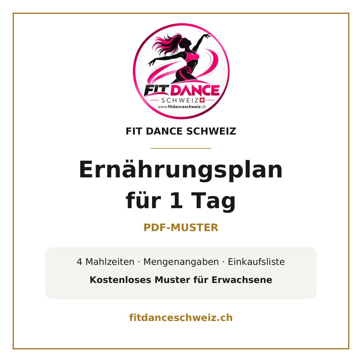 Titelbild des kostenlosen PDF-Musterplans für einen Tag von Fit Dance Schweiz mit Logo und Hinweis auf vier Mahlzeiten.